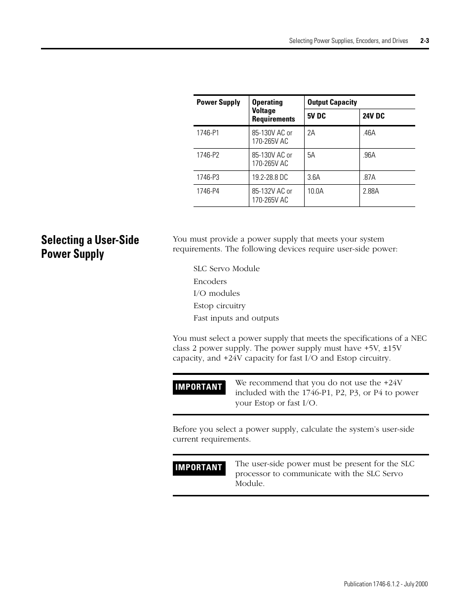 Selecting a user-side power supply | Rockwell Automation 1746-HSRV SLC Servo Control Module User Manual User Manual | Page 26 / 224