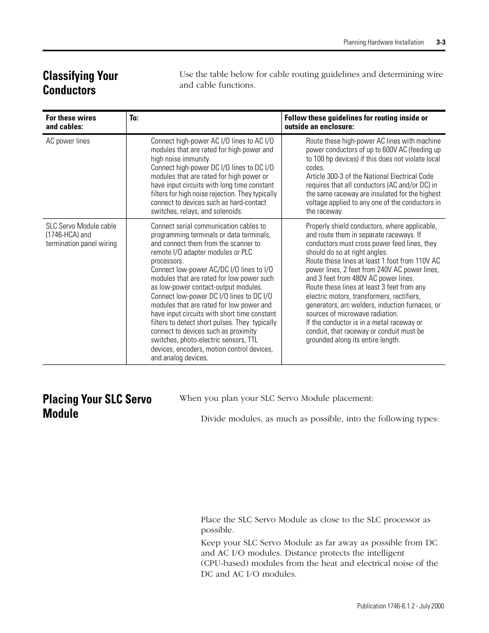 Classifying your conductors, Placing your slc servo module | Rockwell Automation 1746-HSRV SLC Servo Control Module User Manual User Manual | Page 34 / 224