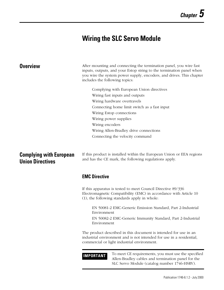 Wiring the slc servo module, Chapter, Overview | Complying with european union directives | Rockwell Automation 1746-HSRV SLC Servo Control Module User Manual User Manual | Page 44 / 224