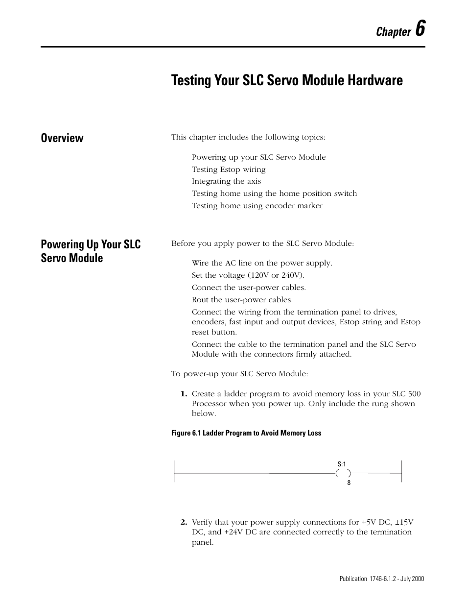 Testing your slc servo module hardware, Chapter, Overview | Powering up your slc servo module | Rockwell Automation 1746-HSRV SLC Servo Control Module User Manual User Manual | Page 76 / 224