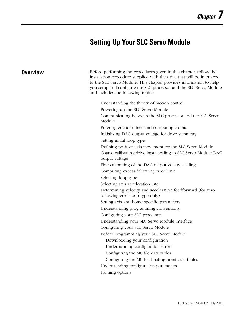 Setting up your slc servo module, Chapter, Overview | Rockwell Automation 1746-HSRV SLC Servo Control Module User Manual User Manual | Page 80 / 224
