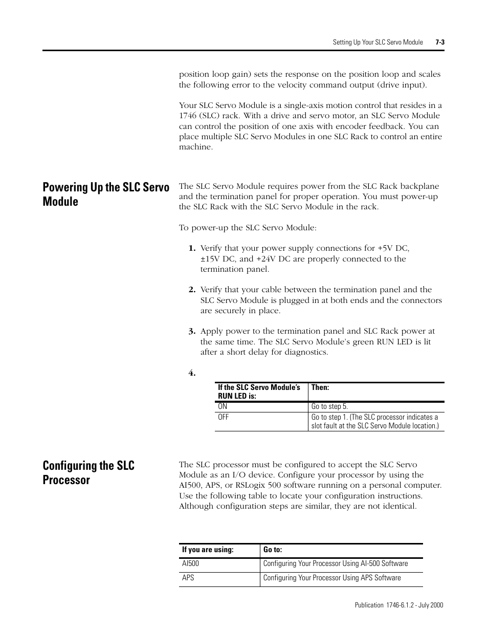 Powering up the slc servo module, Configuring the slc processor | Rockwell Automation 1746-HSRV SLC Servo Control Module User Manual User Manual | Page 82 / 224