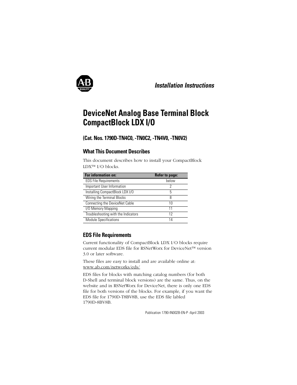Rockwell Automation 1790D-XXXX DeviceNet Analog Base Terminal Block CompactBlock LDX I/O User Manual | 24 pages