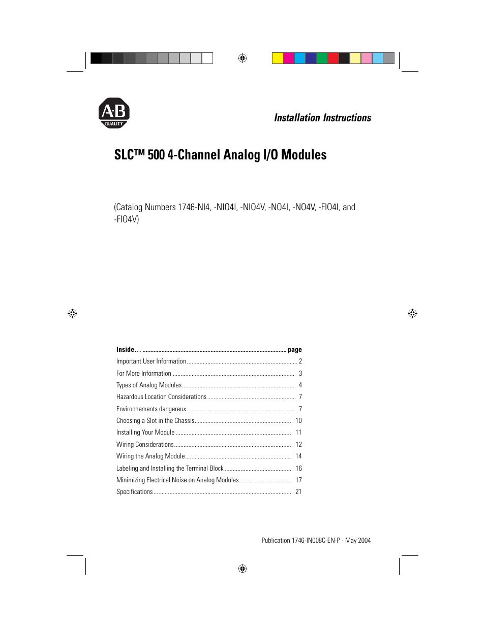 Rockwell Automation 1746-XXXX SLC 500 4-Channel Analog I/O Modules Installation Instructions User Manual | 28 pages