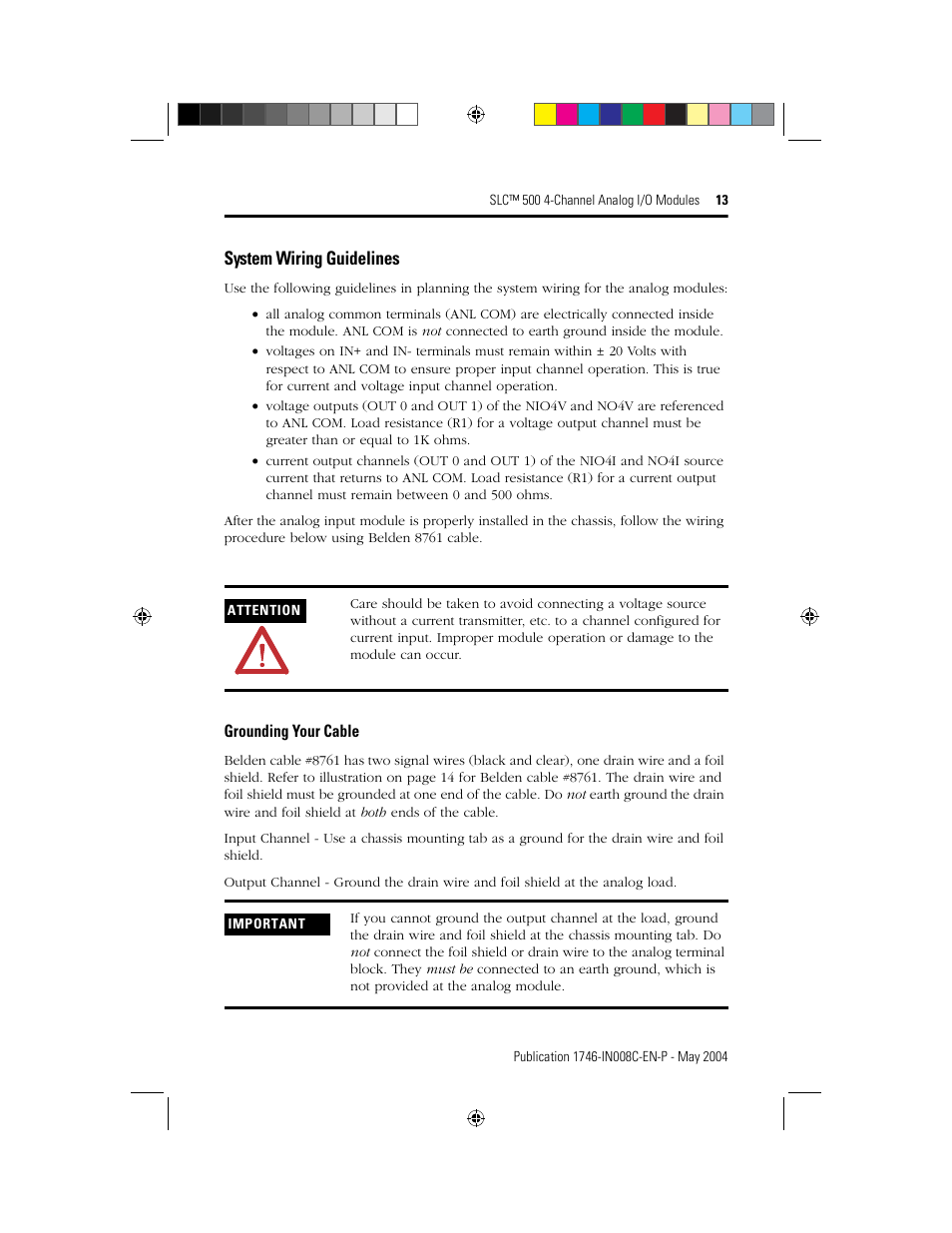 System wiring guidelines, Grounding your cable | Rockwell Automation 1746-XXXX SLC 500 4-Channel Analog I/O Modules Installation Instructions User Manual | Page 13 / 28