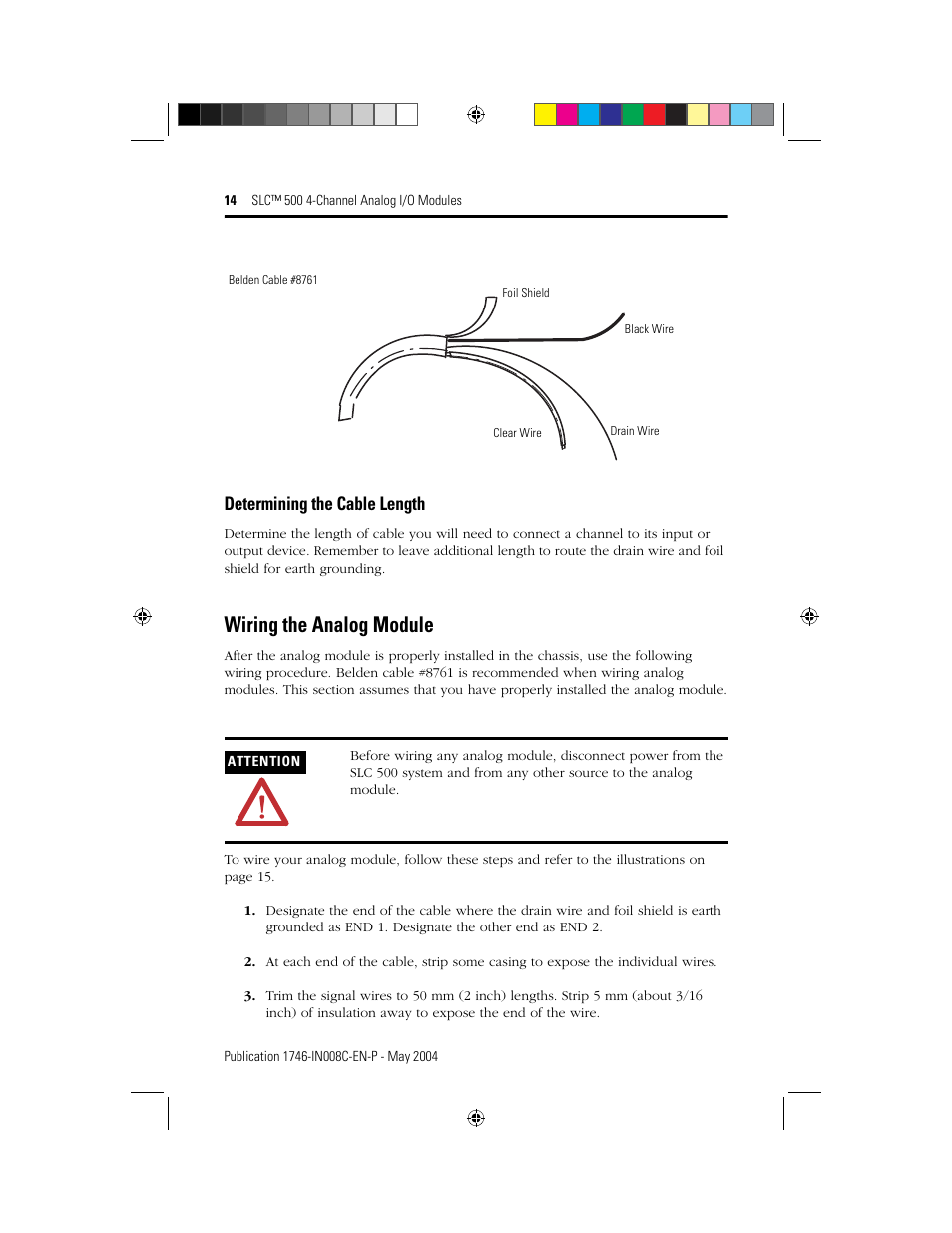 Wiring the analog module, Determining the cable length | Rockwell Automation 1746-XXXX SLC 500 4-Channel Analog I/O Modules Installation Instructions User Manual | Page 14 / 28