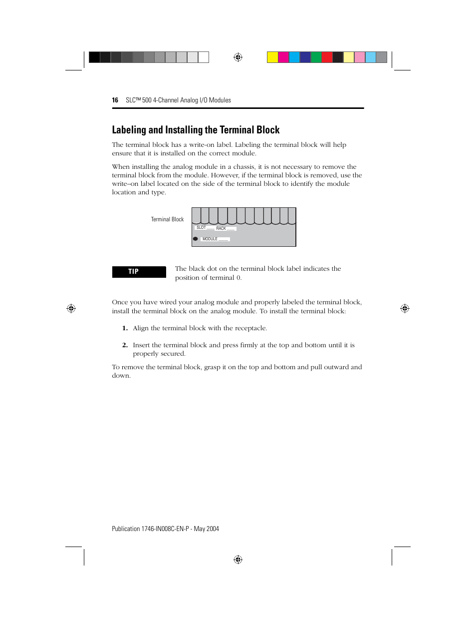 Labeling and installing the terminal block | Rockwell Automation 1746-XXXX SLC 500 4-Channel Analog I/O Modules Installation Instructions User Manual | Page 16 / 28