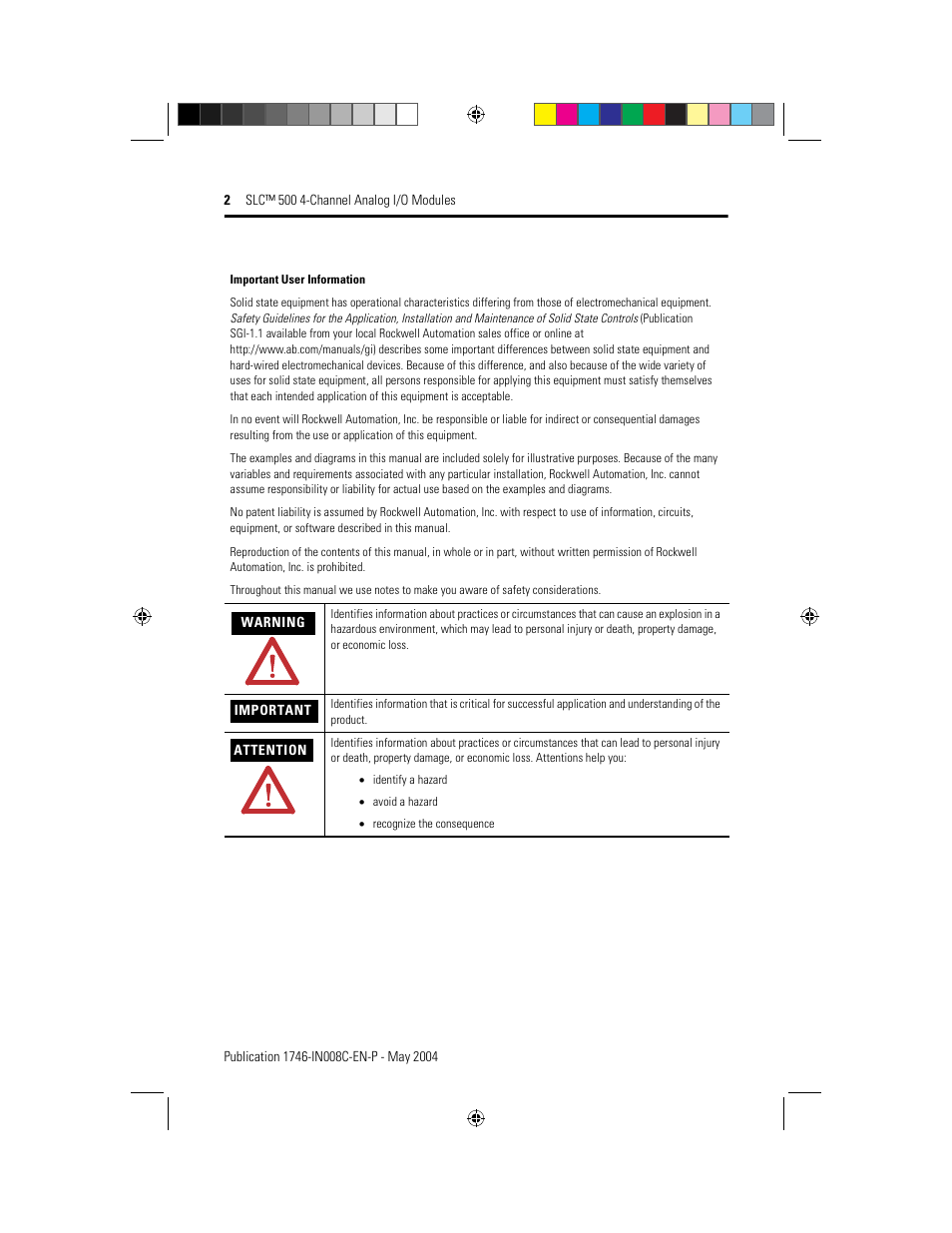 Important user information | Rockwell Automation 1746-XXXX SLC 500 4-Channel Analog I/O Modules Installation Instructions User Manual | Page 2 / 28