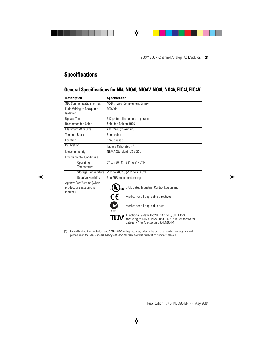 Specifications | Rockwell Automation 1746-XXXX SLC 500 4-Channel Analog I/O Modules Installation Instructions User Manual | Page 21 / 28