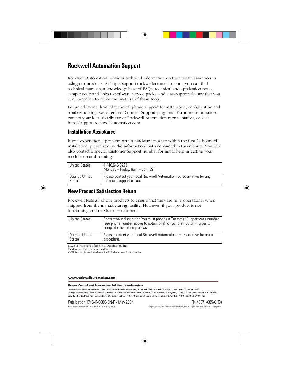 Back cover, Rockwell automation support, Installation assistance | New product satisfaction return | Rockwell Automation 1746-XXXX SLC 500 4-Channel Analog I/O Modules Installation Instructions User Manual | Page 28 / 28