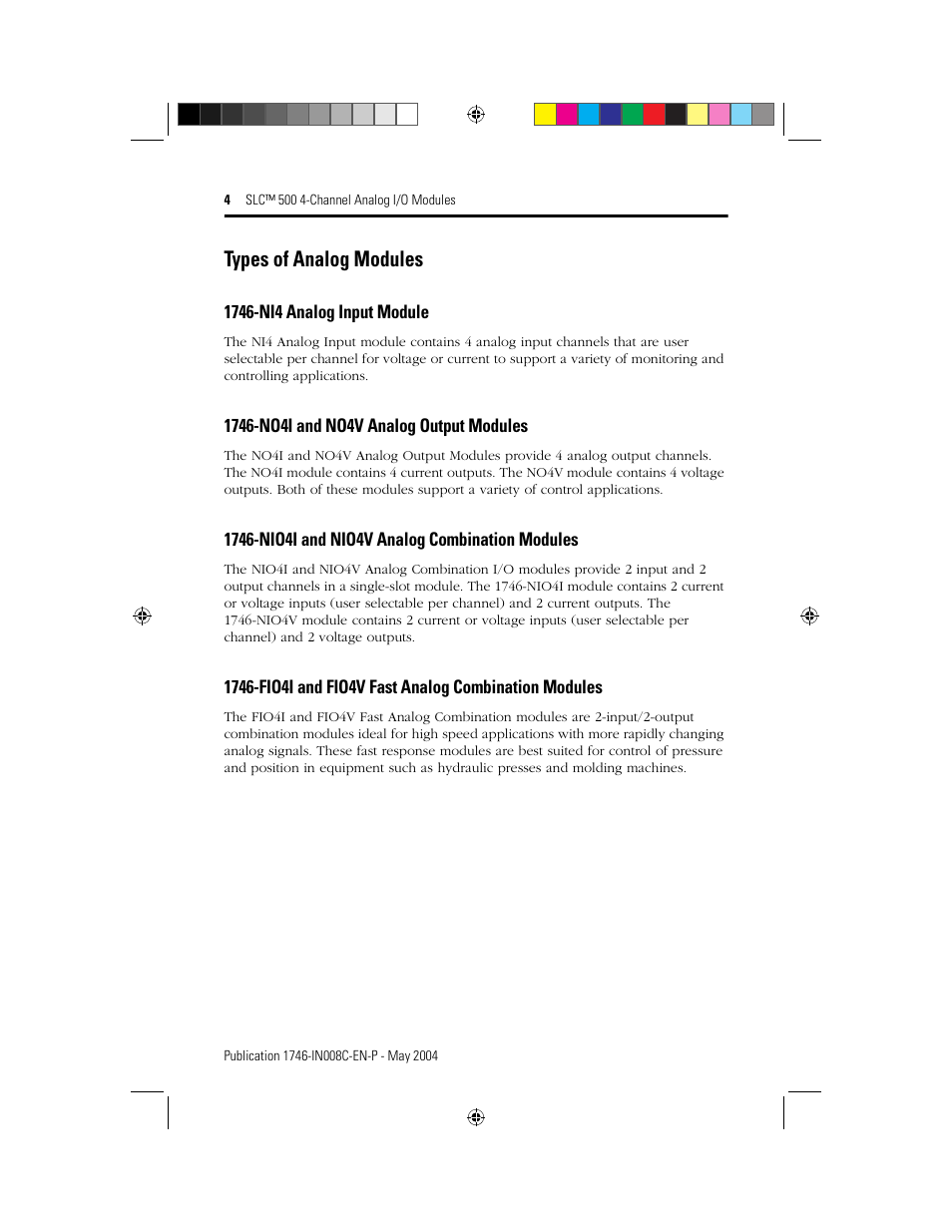 Types of analog modules | Rockwell Automation 1746-XXXX SLC 500 4-Channel Analog I/O Modules Installation Instructions User Manual | Page 4 / 28