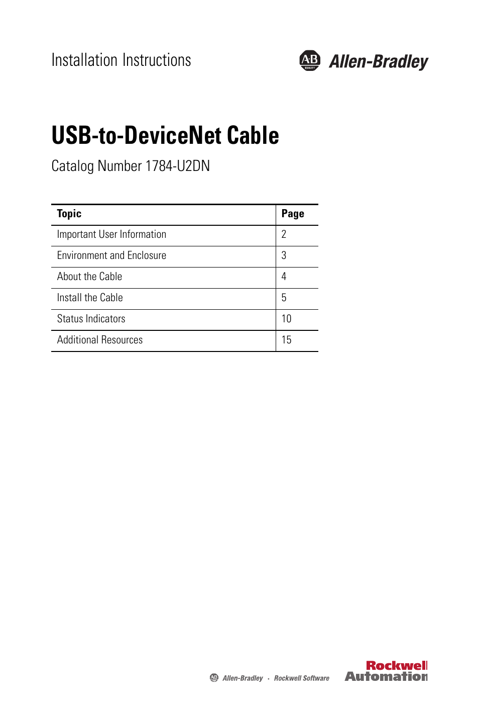 Rockwell Automation 1784-U2DN USB-to-DeviceNet Cable  User Manual | 16 pages