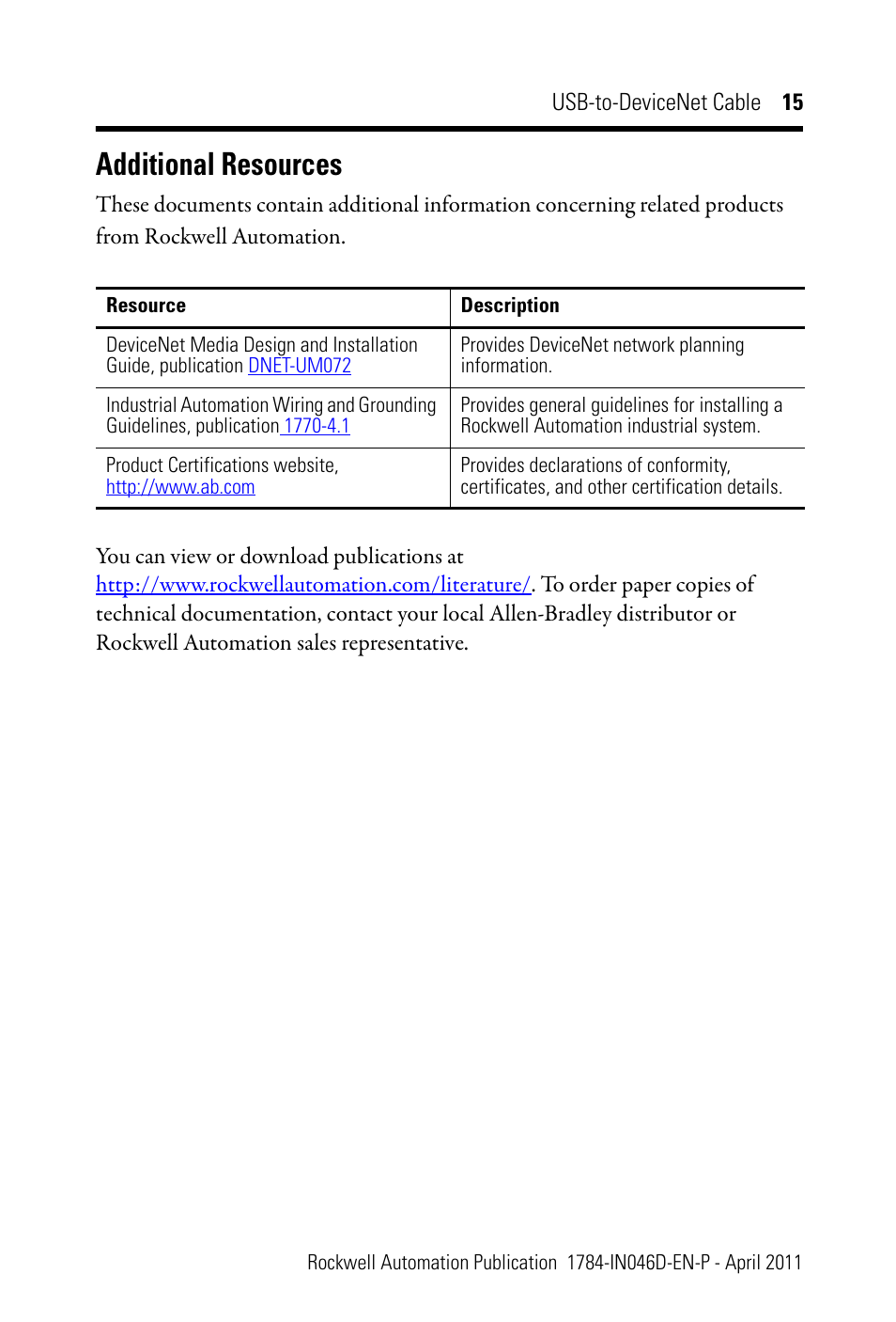 Additional resources | Rockwell Automation 1784-U2DN USB-to-DeviceNet Cable  User Manual | Page 15 / 16