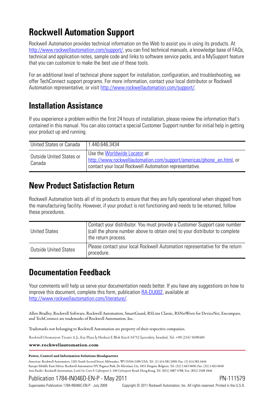 Back cover, Rockwell automation support, Installation assistance | New product satisfaction return, Documentation feedback | Rockwell Automation 1784-U2DN USB-to-DeviceNet Cable  User Manual | Page 16 / 16