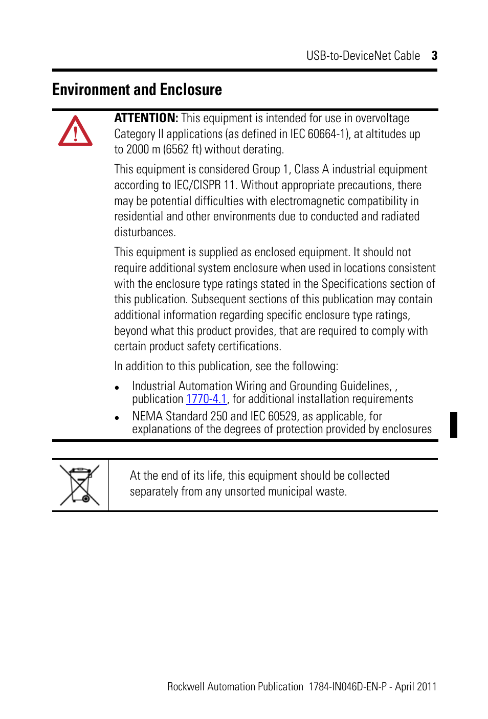 Environment and enclosure | Rockwell Automation 1784-U2DN USB-to-DeviceNet Cable  User Manual | Page 3 / 16