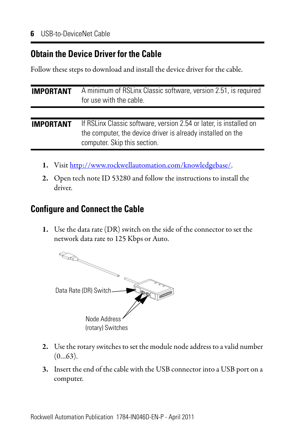 Obtain the device driver for the cable, Configure and connect the cable | Rockwell Automation 1784-U2DN USB-to-DeviceNet Cable  User Manual | Page 6 / 16