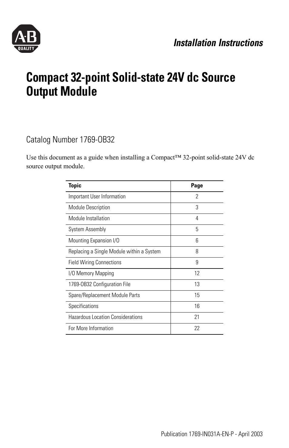 Rockwell Automation 1769-OB32 Installation Instructions User Manual | 24 pages