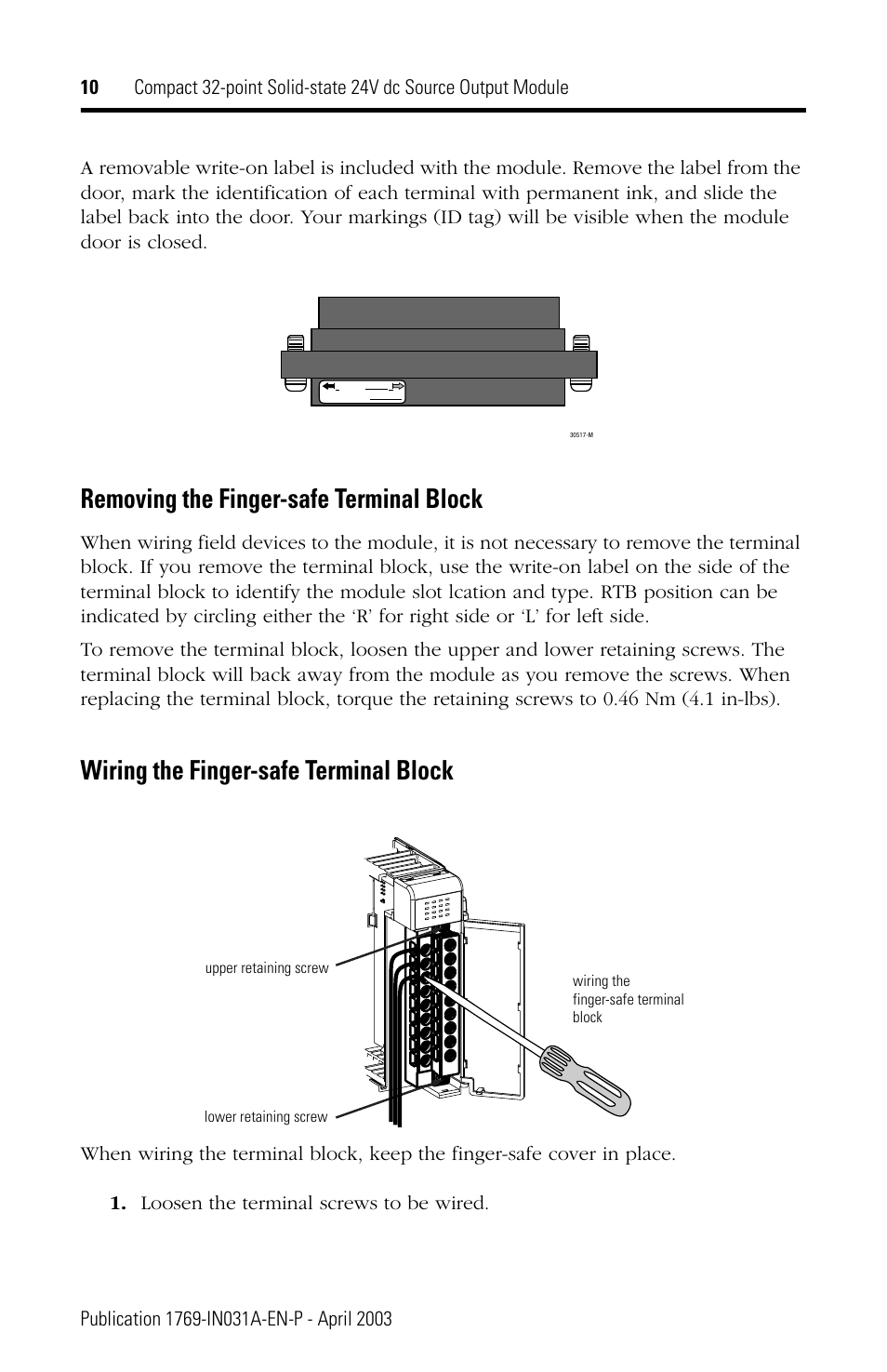 Removing the finger-safe terminal block, Wiring the finger-safe terminal block | Rockwell Automation 1769-OB32 Installation Instructions User Manual | Page 10 / 24