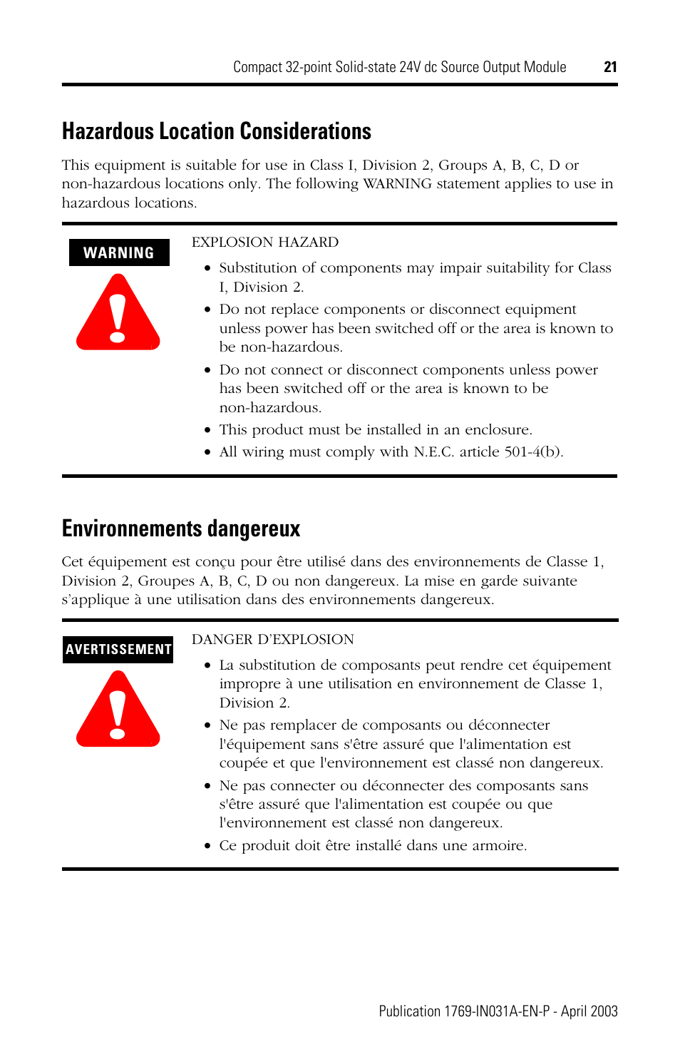 Hazardous location considerations, Environnements dangereux | Rockwell Automation 1769-OB32 Installation Instructions User Manual | Page 21 / 24