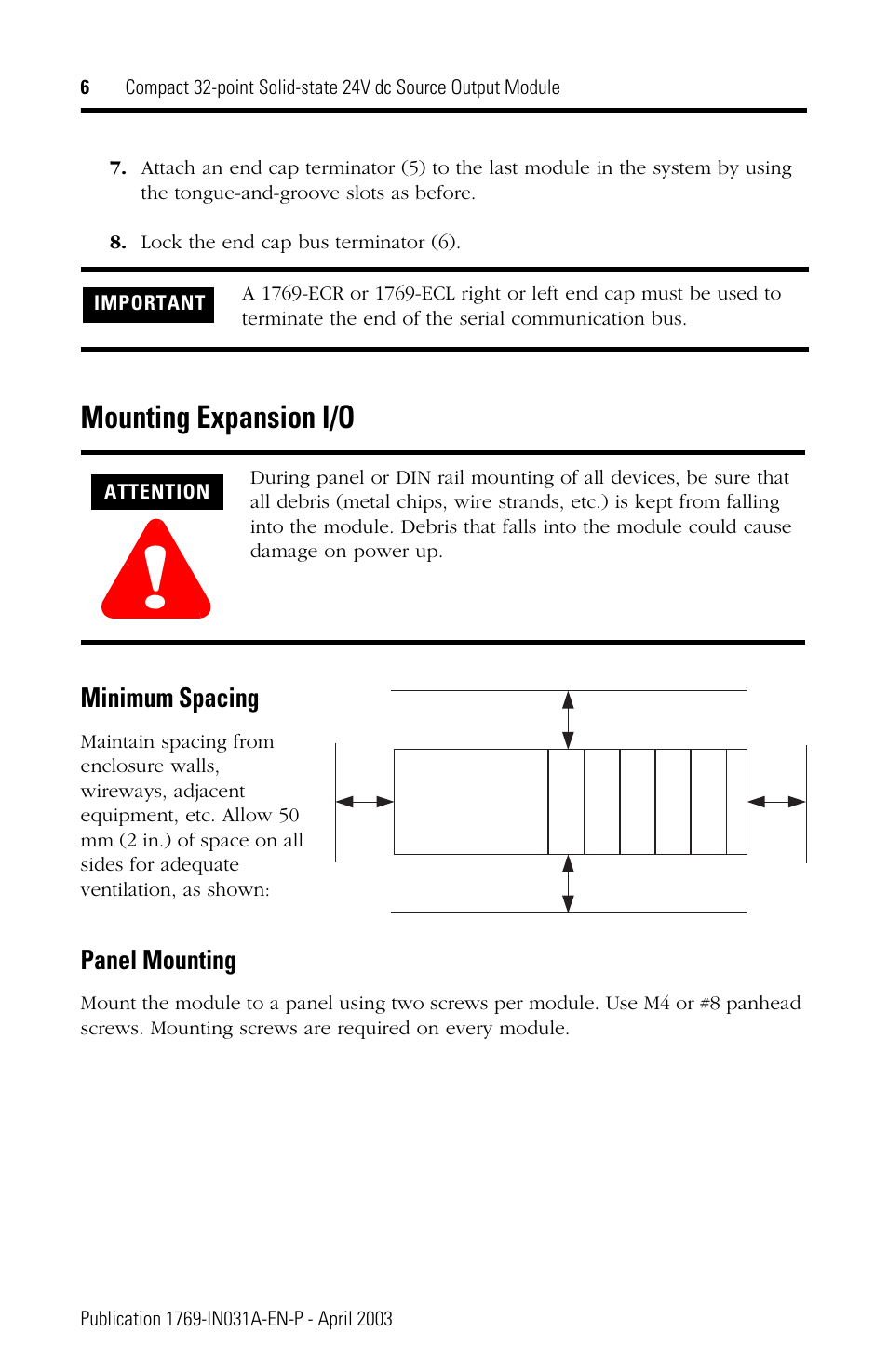 Mounting expansion i/o, Minimum spacing, Panel mounting | Rockwell Automation 1769-OB32 Installation Instructions User Manual | Page 6 / 24