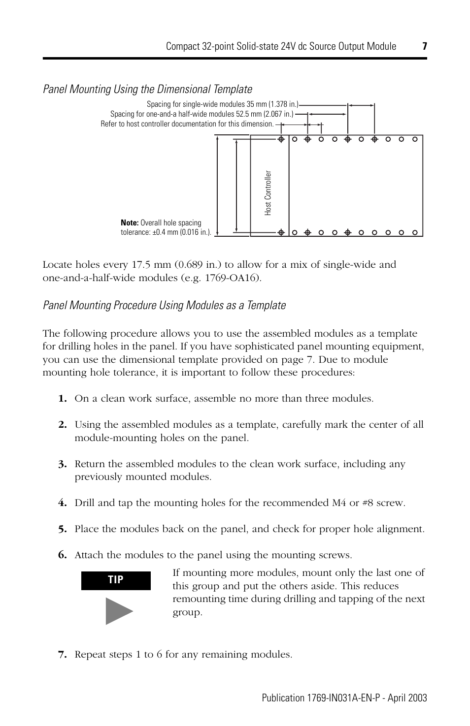 Panel mounting using the dimensional template | Rockwell Automation 1769-OB32 Installation Instructions User Manual | Page 7 / 24