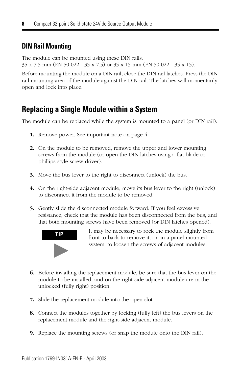Replacing a single module within a system, Din rail mounting | Rockwell Automation 1769-OB32 Installation Instructions User Manual | Page 8 / 24