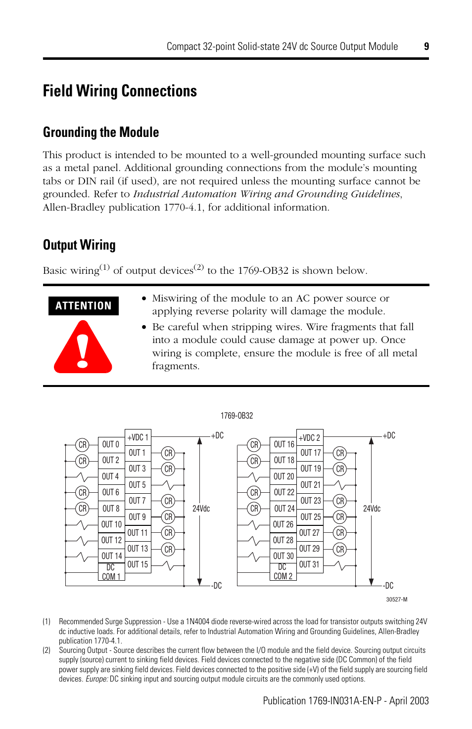 Field wiring connections, Grounding the module, Output wiring | Rockwell Automation 1769-OB32 Installation Instructions User Manual | Page 9 / 24