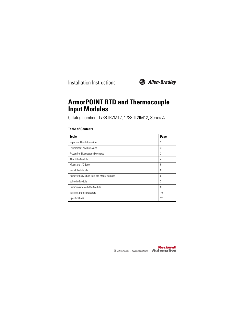 Rockwell Automation 1738-IT2IM12 ArmorPoint RTD and Thermocouple Modules, Series A User Manual | 16 pages