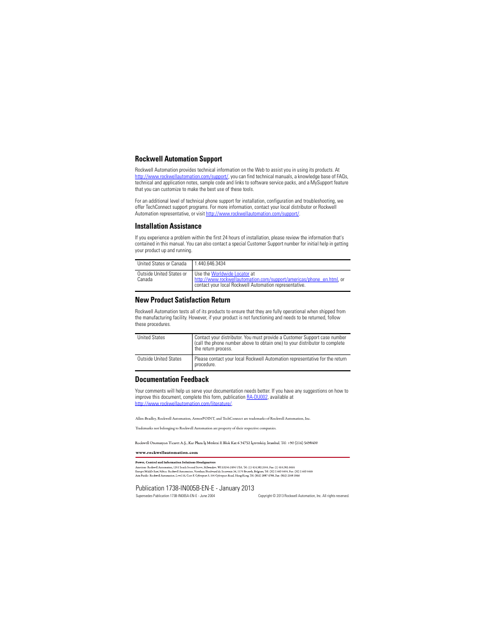 Back cover, Rockwell automation support, Installation assistance | New product satisfaction return, Documentation feedback | Rockwell Automation 1738-IT2IM12 ArmorPoint RTD and Thermocouple Modules, Series A User Manual | Page 16 / 16