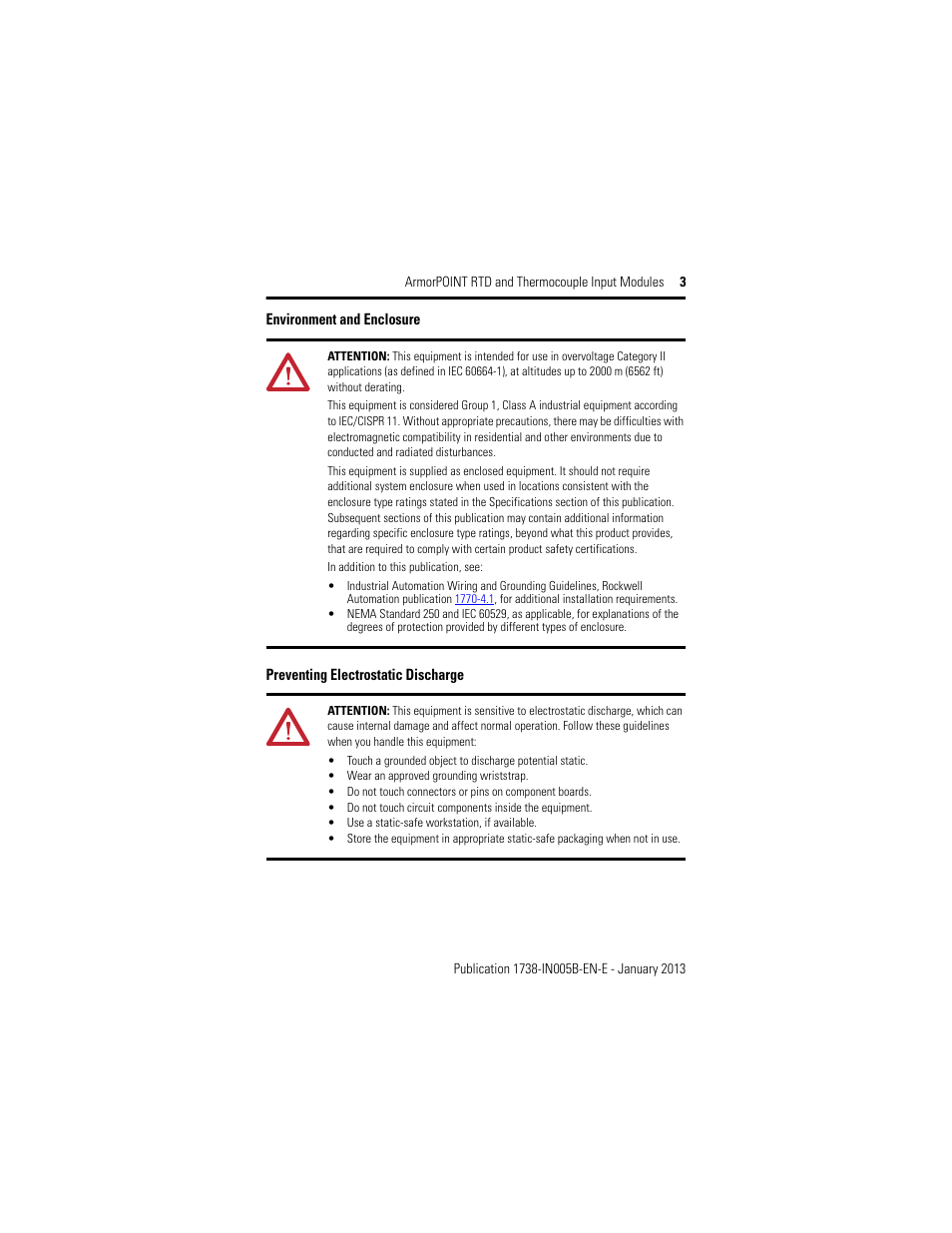 Environment and enclosure, Preventing electrostatic discharge | Rockwell Automation 1738-IT2IM12 ArmorPoint RTD and Thermocouple Modules, Series A User Manual | Page 3 / 16