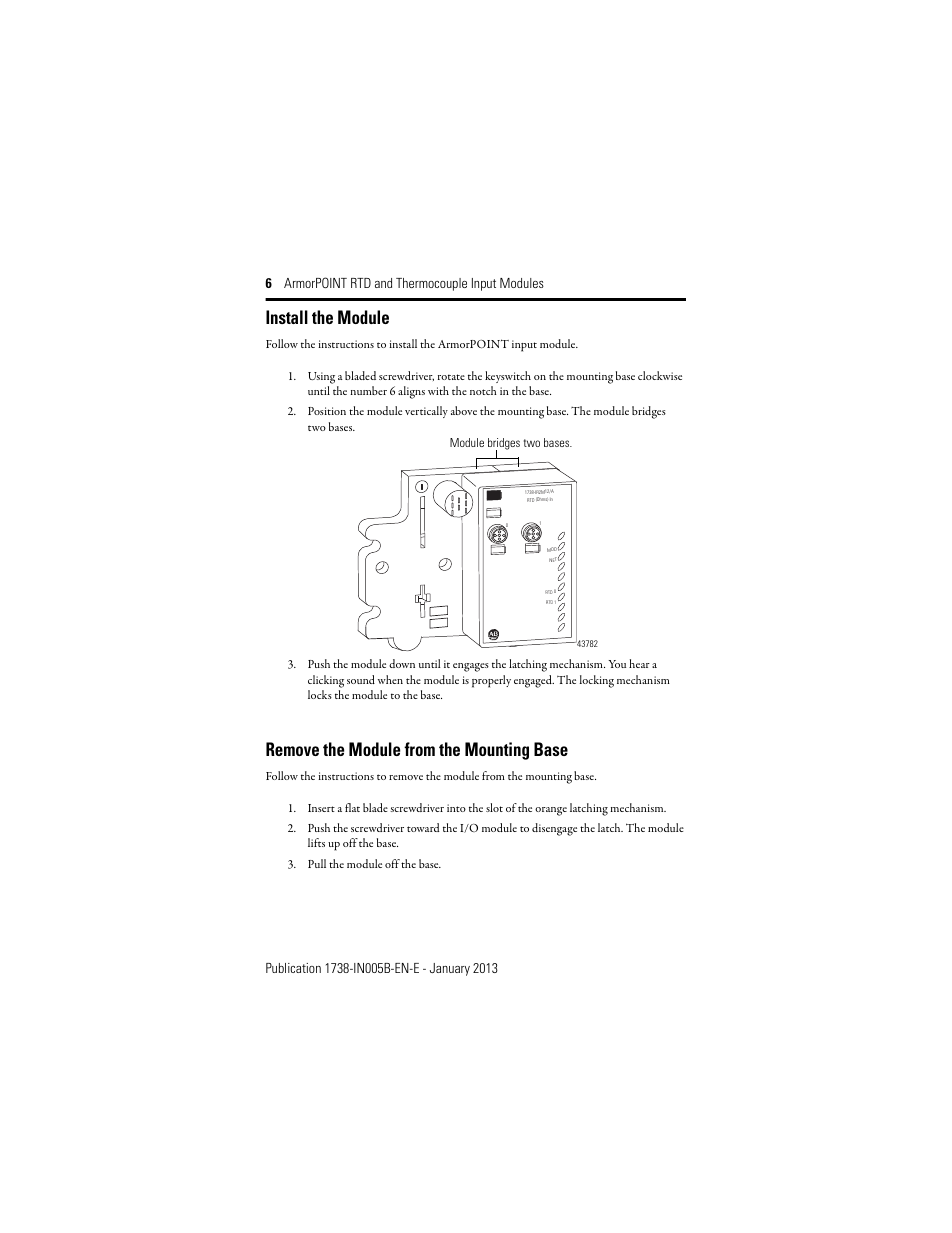 Install the module, Remove the module from the mounting base | Rockwell Automation 1738-IT2IM12 ArmorPoint RTD and Thermocouple Modules, Series A User Manual | Page 6 / 16