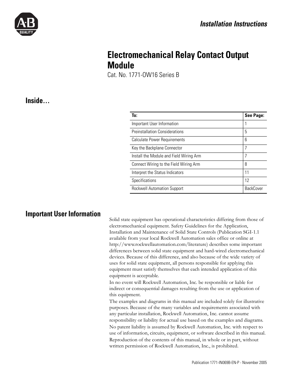 Rockwell Automation 1771-OW16/B Electro Mechanical Relay Contact Output Module User Manual | 16 pages