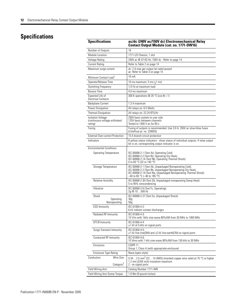 Specifications | Rockwell Automation 1771-OW16/B Electro Mechanical Relay Contact Output Module User Manual | Page 12 / 16