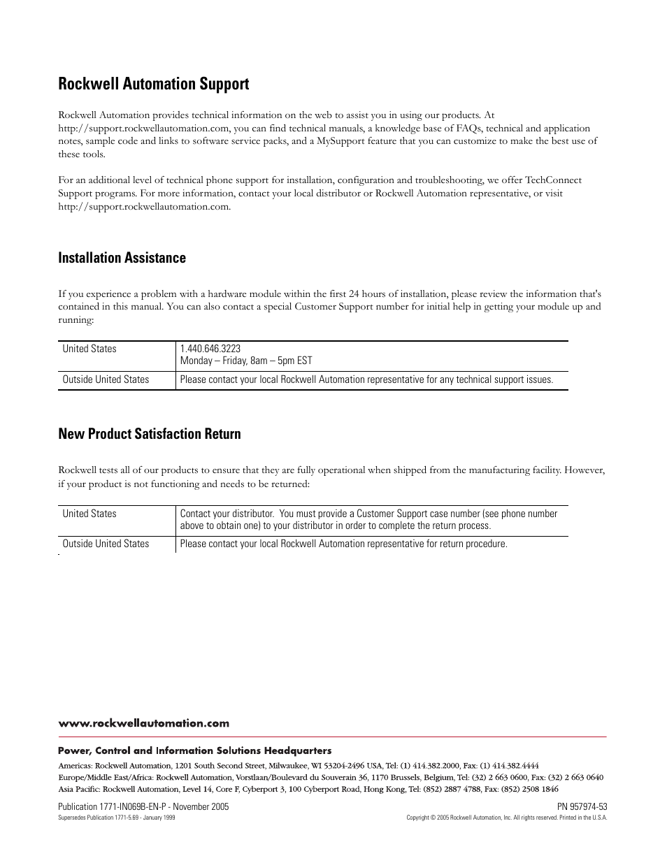 Rockwell automation support, Backcover, Installation assistance | New product satisfaction return | Rockwell Automation 1771-OW16/B Electro Mechanical Relay Contact Output Module User Manual | Page 16 / 16
