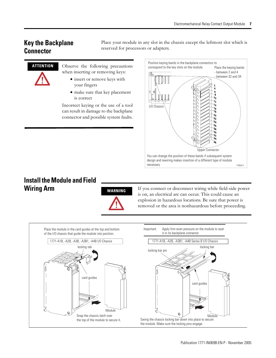 Key the backplane connector, Install the module and field wiring arm | Rockwell Automation 1771-OW16/B Electro Mechanical Relay Contact Output Module User Manual | Page 7 / 16