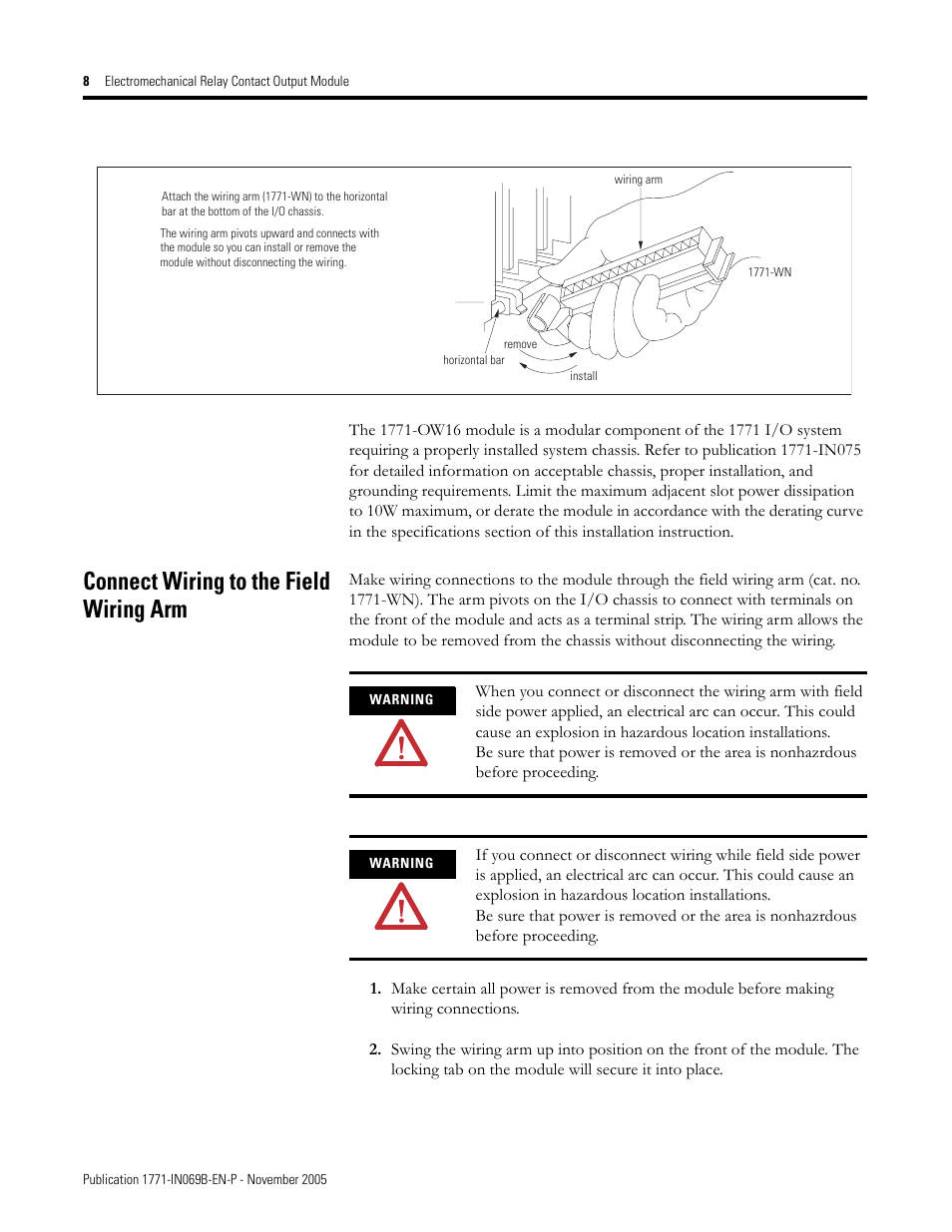 Connect wiring to the field wiring arm | Rockwell Automation 1771-OW16/B Electro Mechanical Relay Contact Output Module User Manual | Page 8 / 16