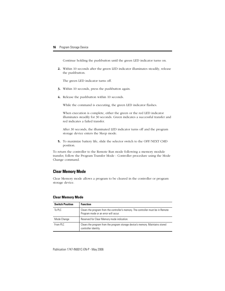 Clear memory mode | Rockwell Automation 1747-PSD Program Storage Device Installation Instructions User Manual | Page 16 / 20