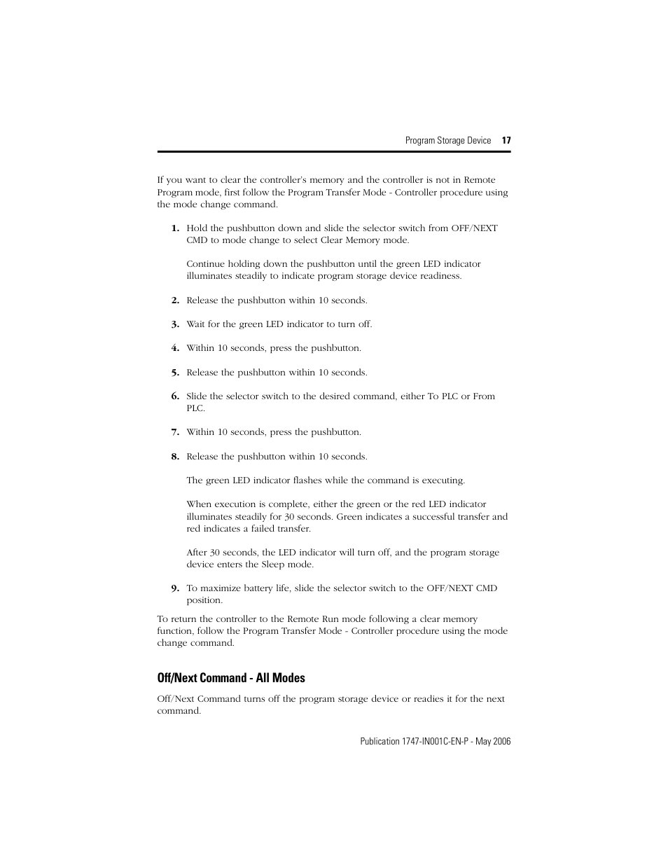Off/next command - all modes | Rockwell Automation 1747-PSD Program Storage Device Installation Instructions User Manual | Page 17 / 20
