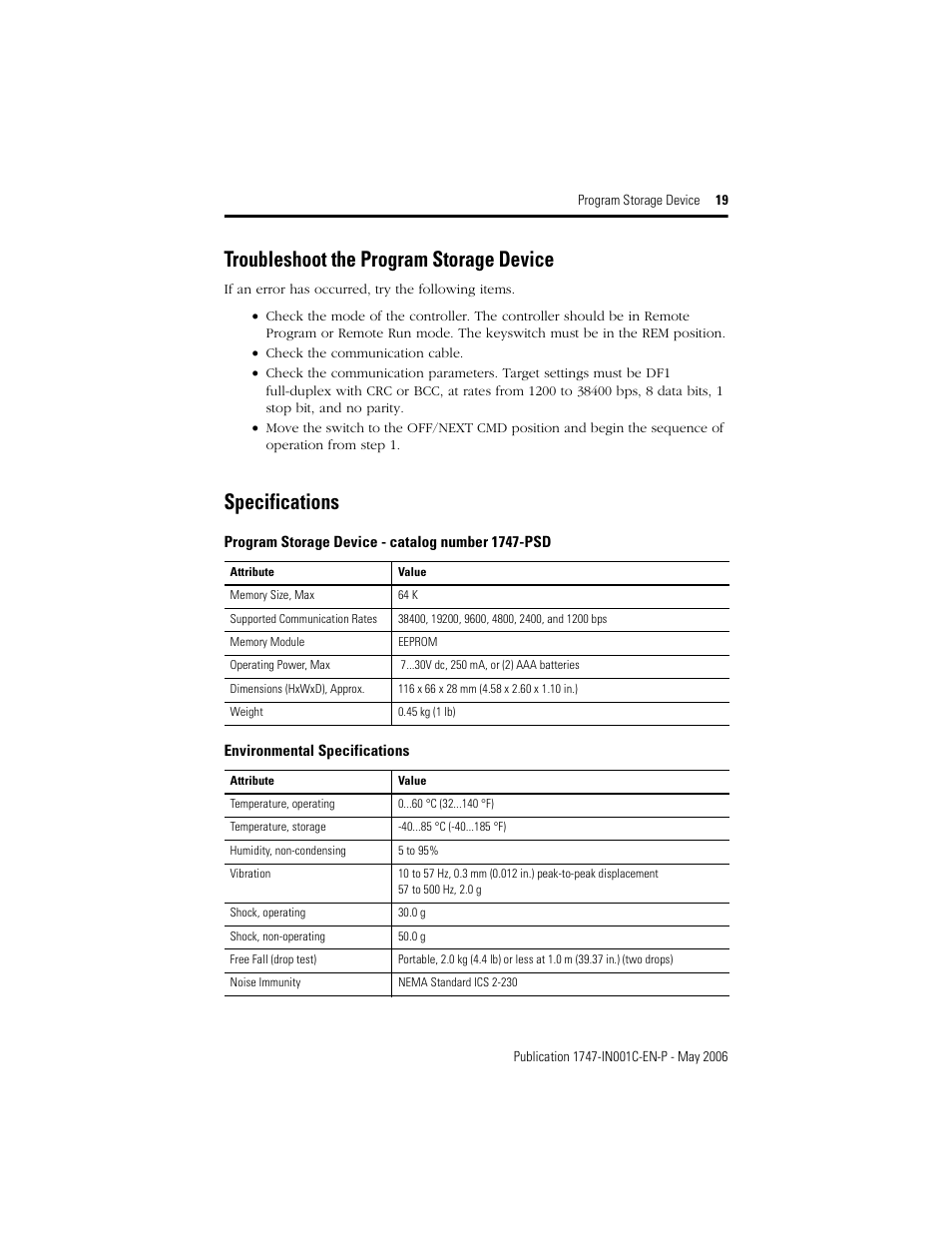 Troubleshoot the program storage device, Specifications | Rockwell Automation 1747-PSD Program Storage Device Installation Instructions User Manual | Page 19 / 20