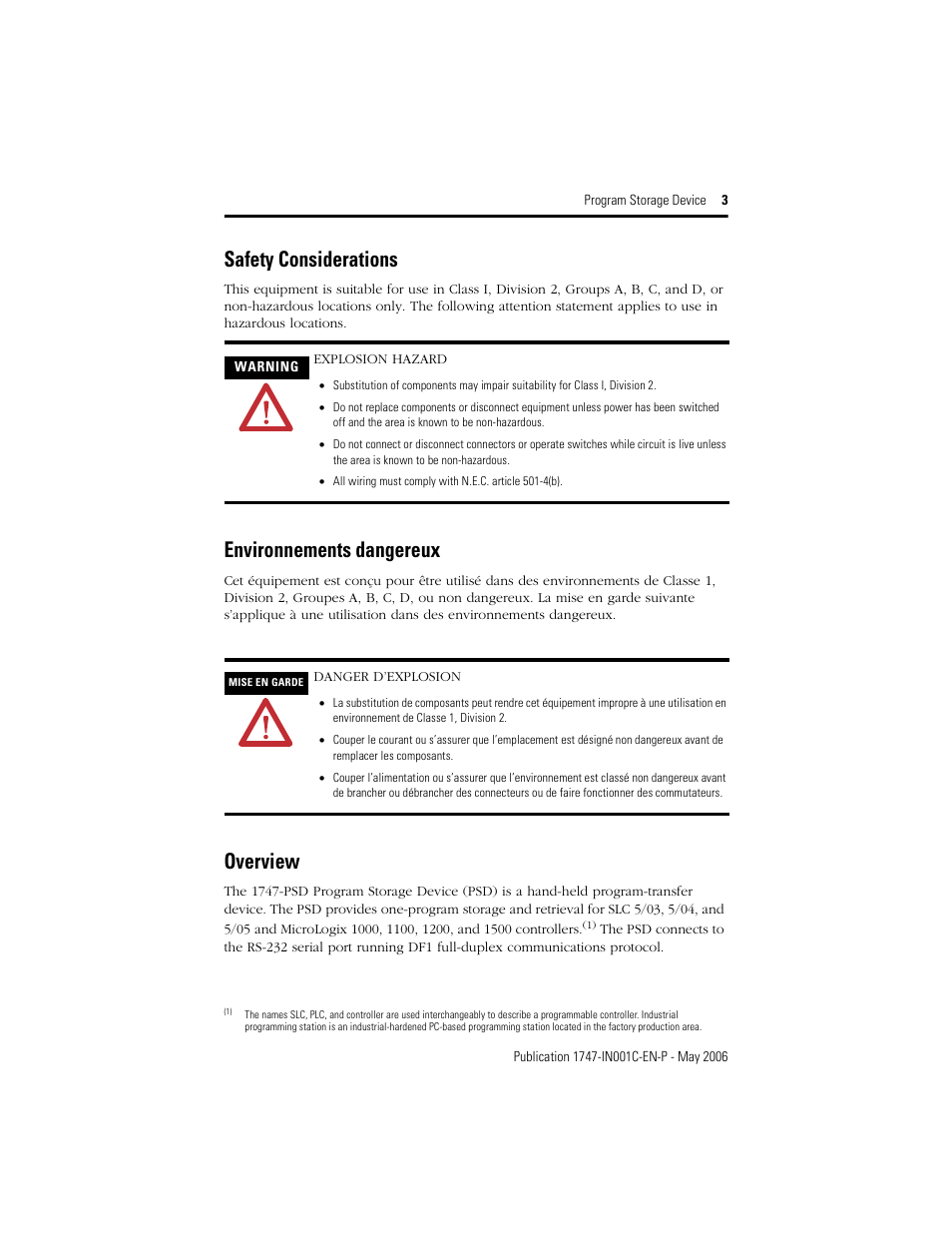 Safety considerations, Environnements dangereux, Overview | Rockwell Automation 1747-PSD Program Storage Device Installation Instructions User Manual | Page 3 / 20