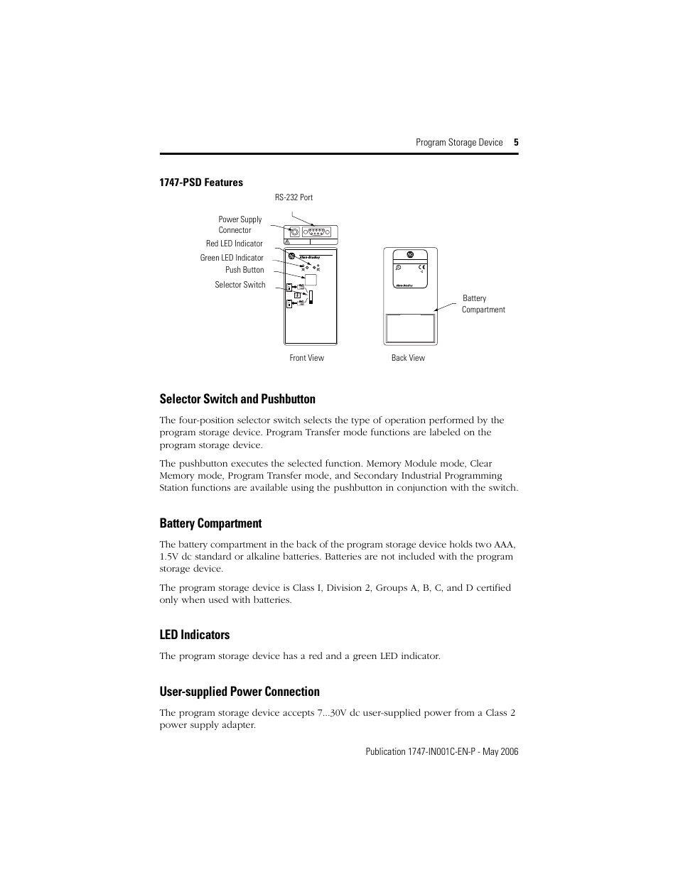 User-supplied power connection, Led indicators, Battery compartment | Selector switch and pushbutton, 1747-psd features | Rockwell Automation 1747-PSD Program Storage Device Installation Instructions User Manual | Page 5 / 20
