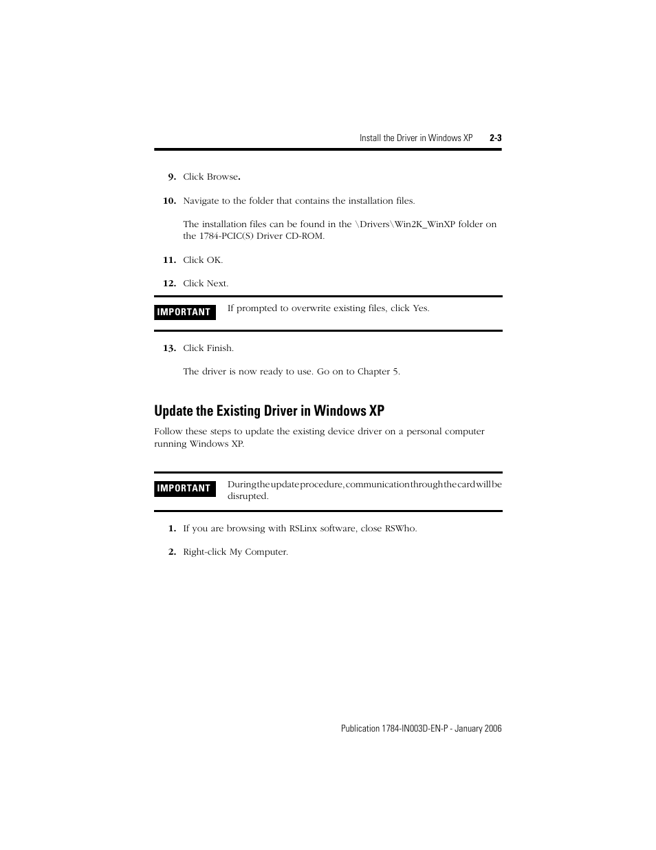 Update the existing driver in windows xp, Update the existing driver in windows xp -3 | Rockwell Automation 1784-PCIC ControlNet PCI Communication Interface Card Installation Instructions User Manual | Page 19 / 58