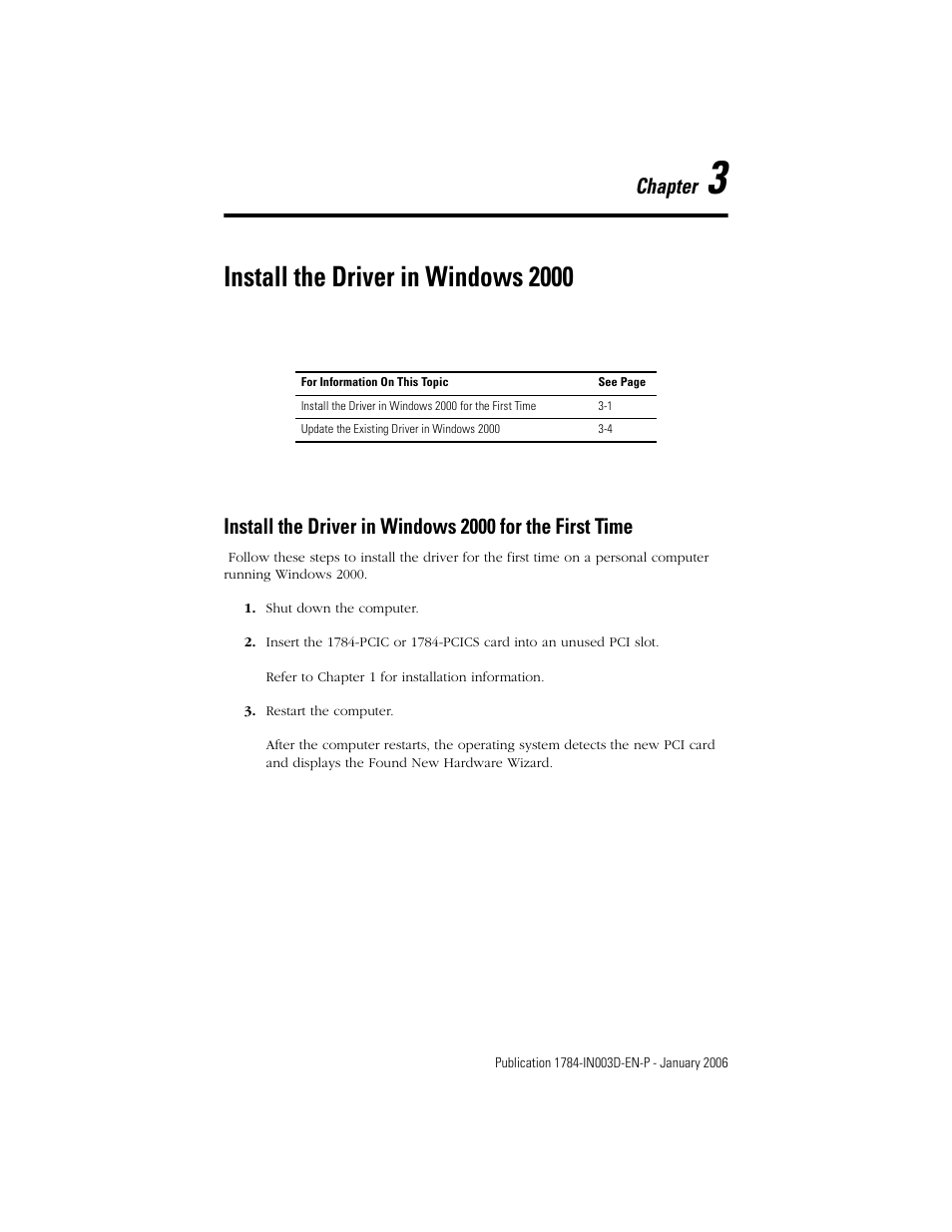 3 - install the driver in windows 2000, Chapter 3, Install the driver in windows 2000 | Chapter | Rockwell Automation 1784-PCIC ControlNet PCI Communication Interface Card Installation Instructions User Manual | Page 23 / 58
