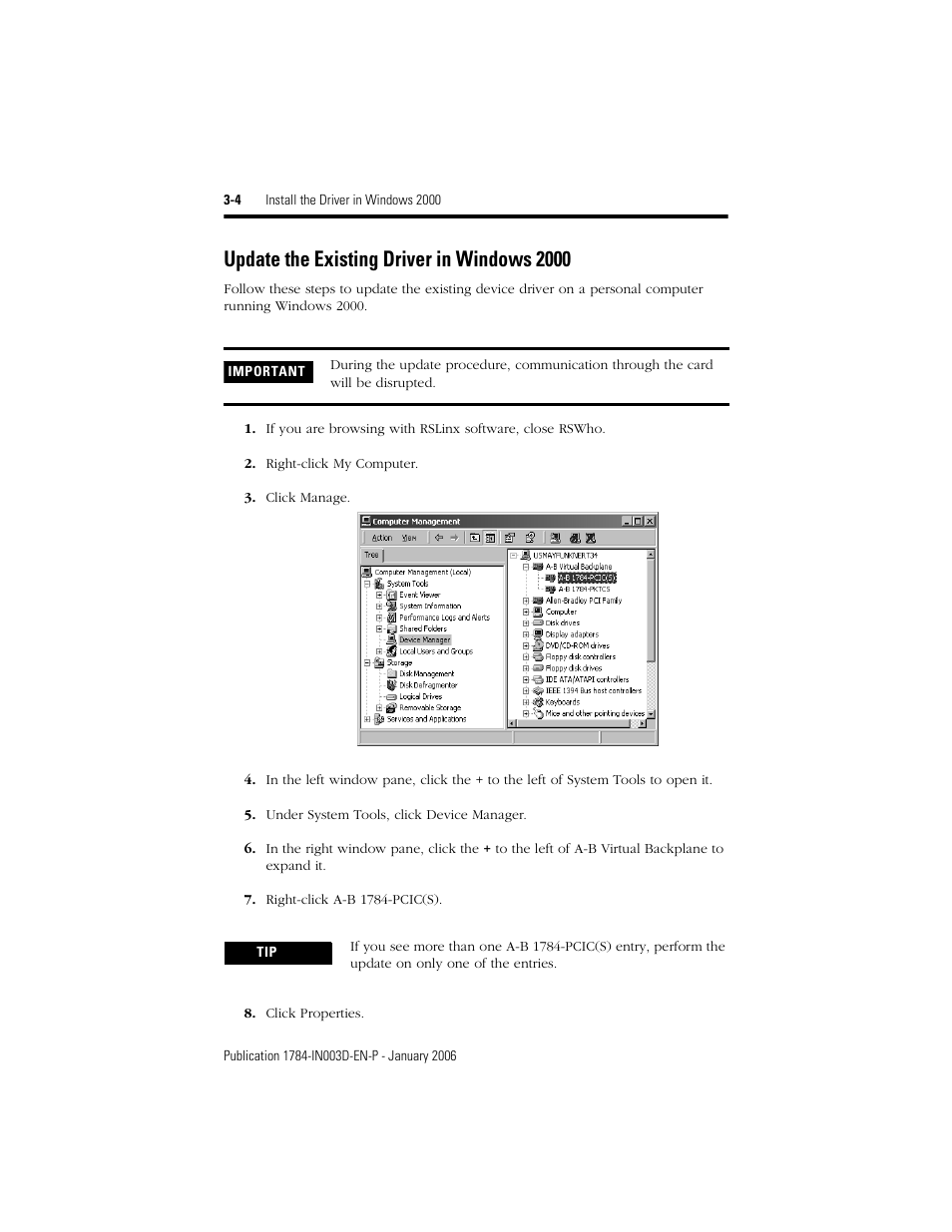 Update the existing driver in windows 2000, Update the existing driver in windows 2000 -4 | Rockwell Automation 1784-PCIC ControlNet PCI Communication Interface Card Installation Instructions User Manual | Page 26 / 58