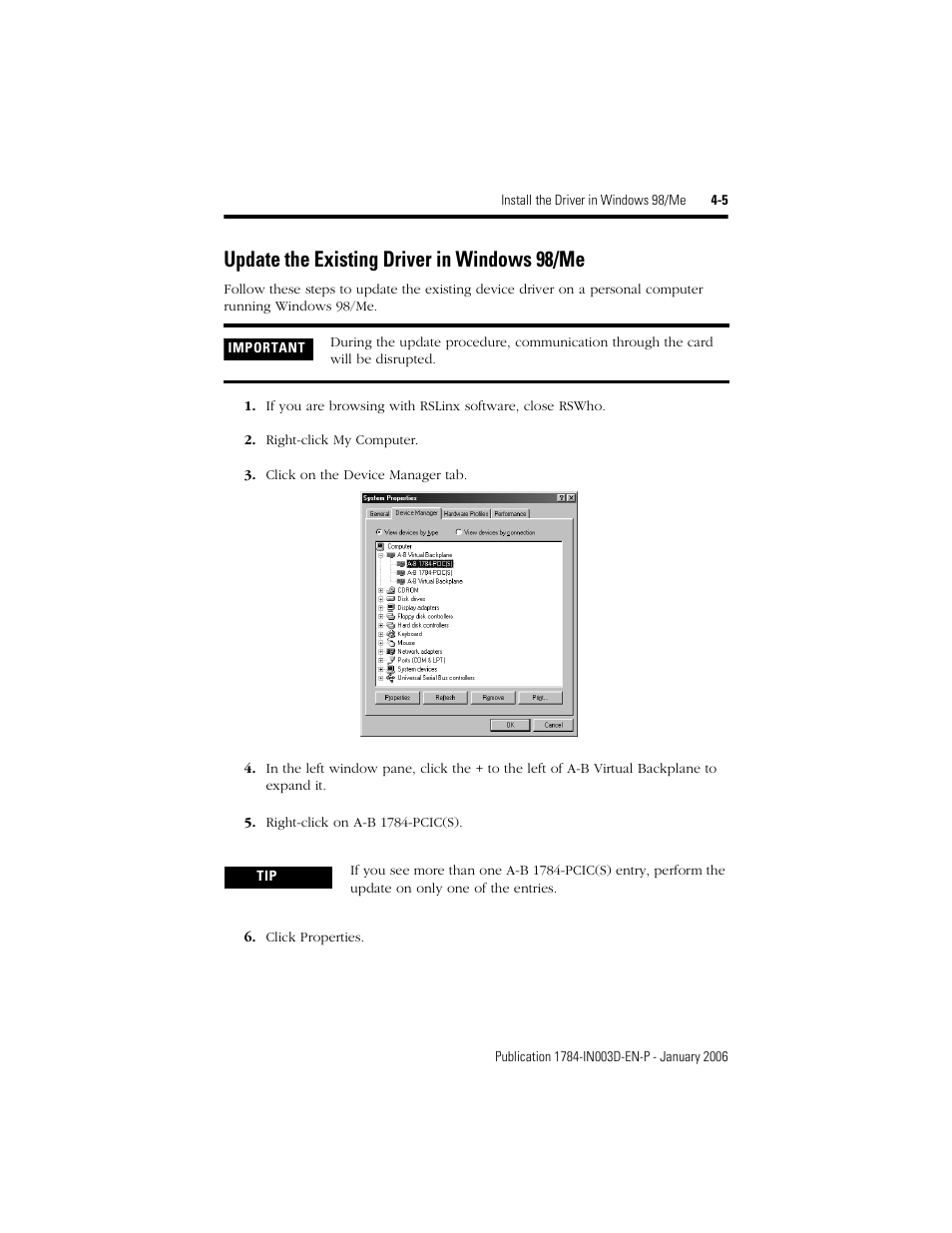 Update the existing driver in windows 98/me, Update the existing driver in windows 98/me -5 | Rockwell Automation 1784-PCIC ControlNet PCI Communication Interface Card Installation Instructions User Manual | Page 35 / 58