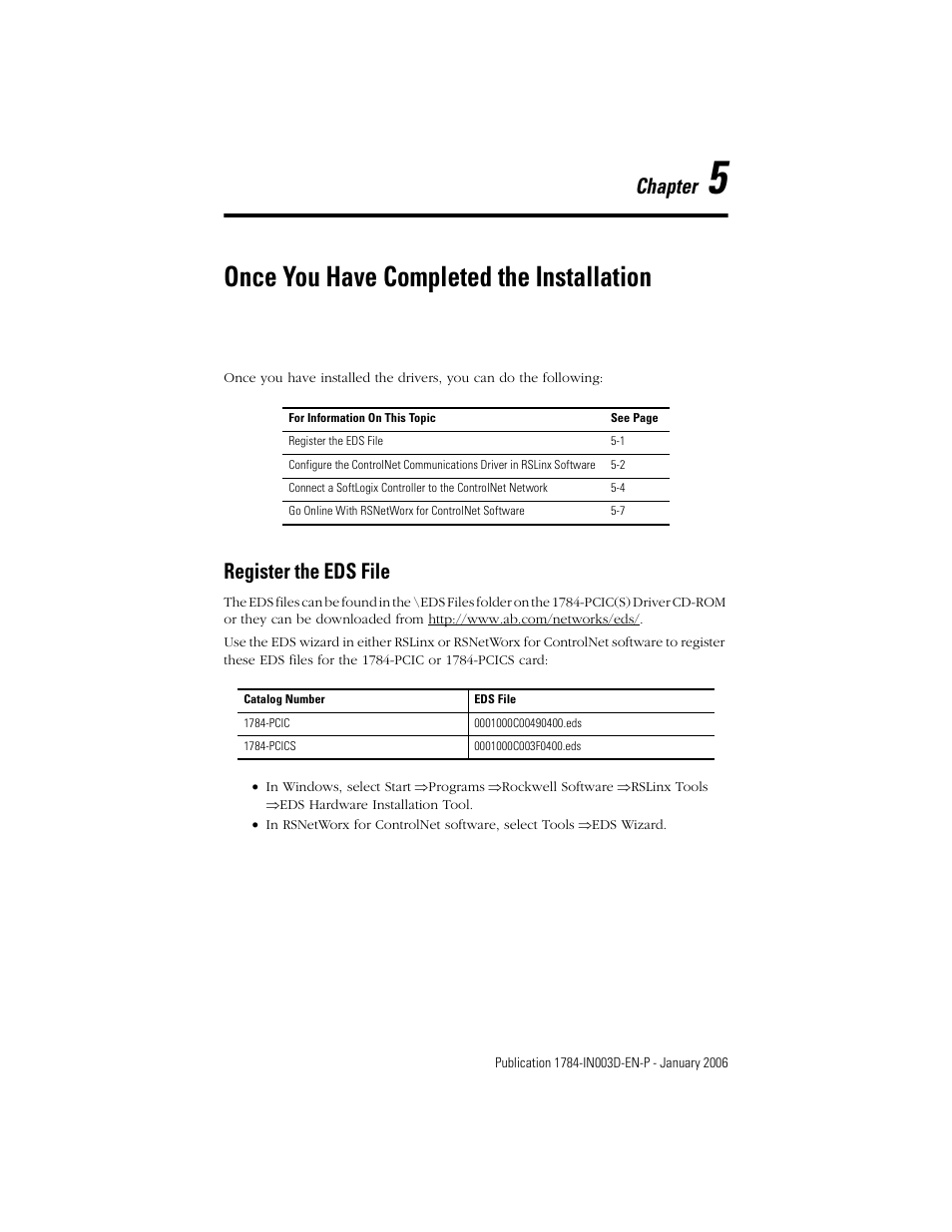5 - once you have completed the installation, Register the eds file, Chapter 5 | Once you have completed the installation, Register the eds file -1, Chapter | Rockwell Automation 1784-PCIC ControlNet PCI Communication Interface Card Installation Instructions User Manual | Page 39 / 58