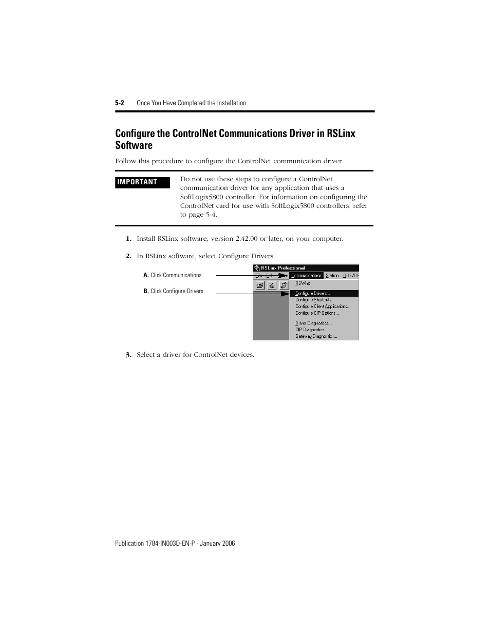 Configure the controlnet communications driver, In rslinx software -2 | Rockwell Automation 1784-PCIC ControlNet PCI Communication Interface Card Installation Instructions User Manual | Page 40 / 58