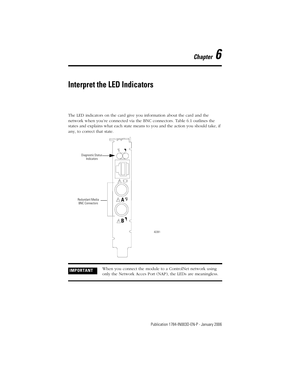 6 - interpret the led indicators, Interpret the led indicators, Chapter 6 | Chapter | Rockwell Automation 1784-PCIC ControlNet PCI Communication Interface Card Installation Instructions User Manual | Page 47 / 58