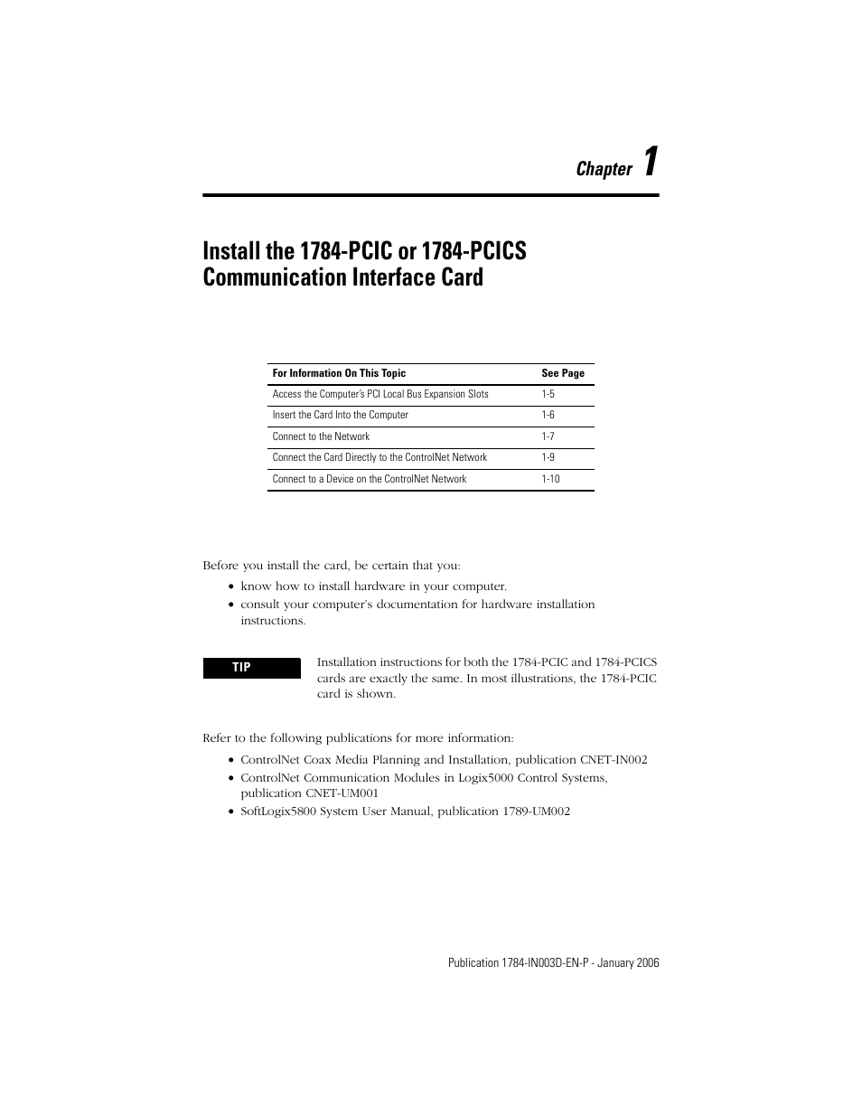 Ter 1, Chapter | Rockwell Automation 1784-PCIC ControlNet PCI Communication Interface Card Installation Instructions User Manual | Page 5 / 58
