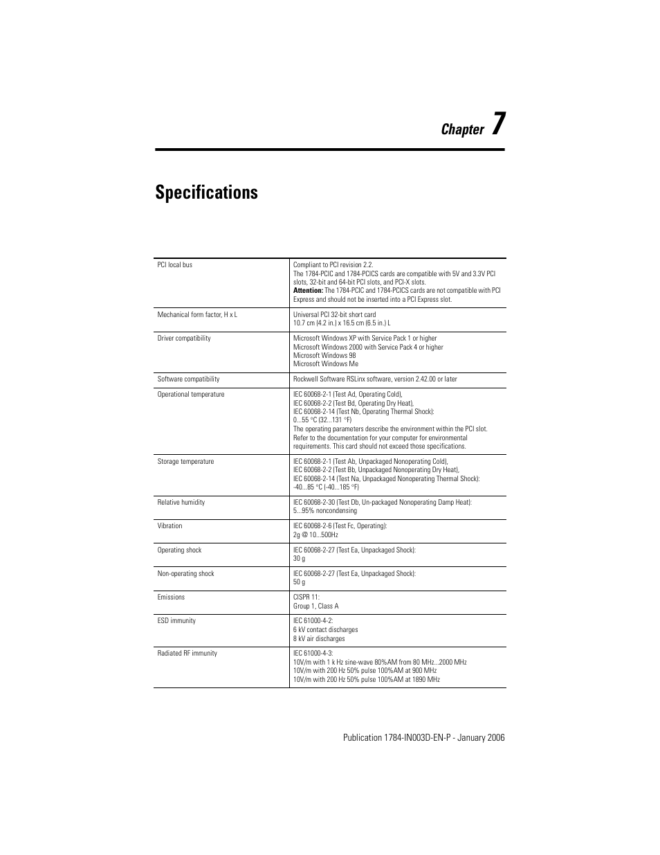 7 - specifications, Chapter 7, Specifications | Chapter | Rockwell Automation 1784-PCIC ControlNet PCI Communication Interface Card Installation Instructions User Manual | Page 51 / 58